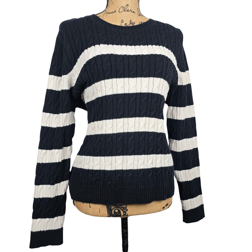 Charter Club Petite P/XL Black White Striped Cable Knit Button Shoulder Sweater